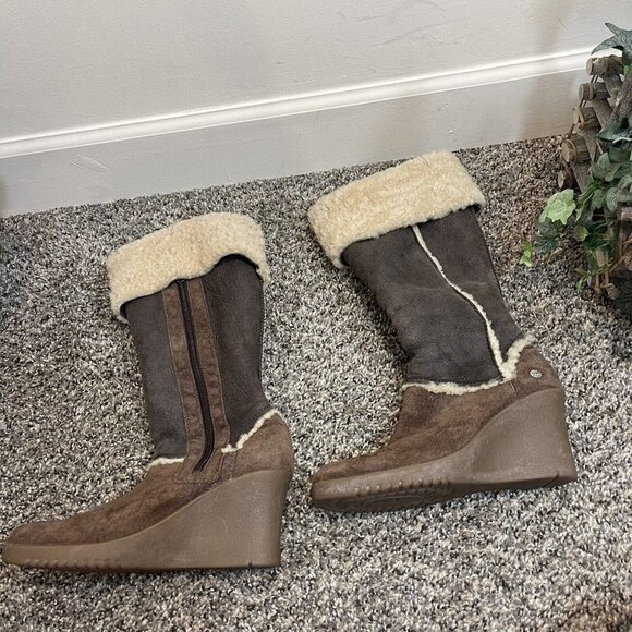 UGG SANDRA BROWN LEATHER SHEARLING KNEE HIGH Wedge BOOTS WOMENS Size 6 - Picture 1 of 4